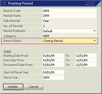 Performing a Year-End Closing Changing the Period Status to Closing Period To prevent users from creating documents for the previous fiscal year, you can change the status of the period you are about
