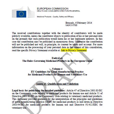 Annex 15 & EMA Validation Process Guideline EU Directive 2001/83 ANNEX 15 European Commission Health and Consumer Directorate-General (Eudra Lex, the rules governing medicinal products in the