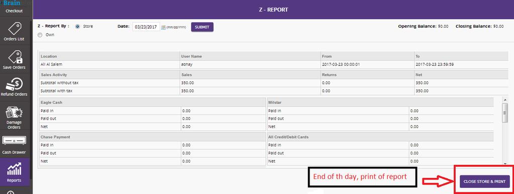 Reports like Z-reports, Z-reports by date range, list store report, end of the day reports and weekly report Z- Report of the store indicate statistics of sales of