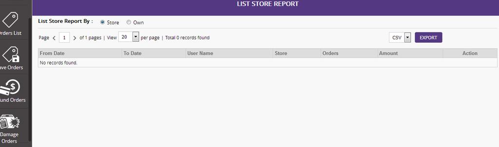 List Store Report :- List store report shows orders booked in a store with user name End of the day report indicate statistics of all orders placed in