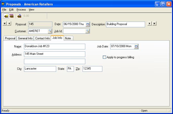 Proposals The Note tab can be used to type an extended description of the entire project. This tab is useful to record contractual details of the job or project.