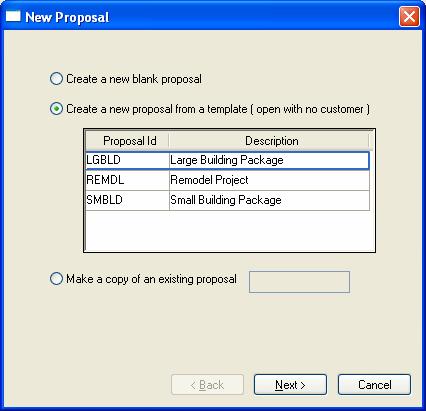 Proposals Creating and Printing Proposals 1. Select File > New from the proposal menu to create a new proposal, and the following dialog will open: 2.