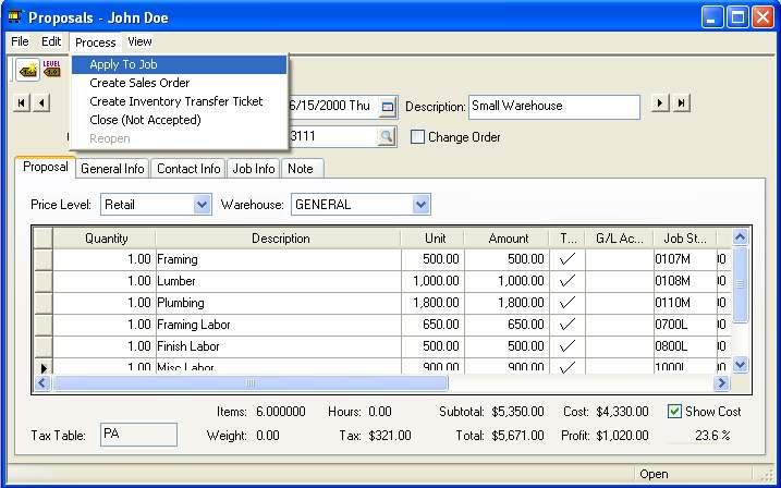 Proposals The Apply to Job option is used to apply the values within the proposal to a job. The budget and billing values are not posted to a job till this option is selected.