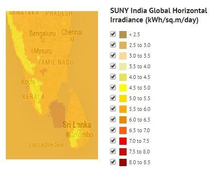 Source: NREL Annual Average solar radiation in Tamilnadu is 5.20 kwh/sq.m/day 