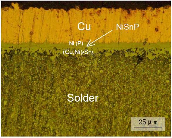 5Cu joint with ENIG finish showing (Cu, Ni)6Sn5 IMC and Ni(P), NiSnP layers As-reflowed Figure 14 shows an