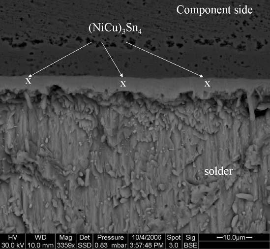 Figure 19: Needle type intermetallic layer for the as-reflowed joints Figure 20: Planar intermetallics for the aged (125C