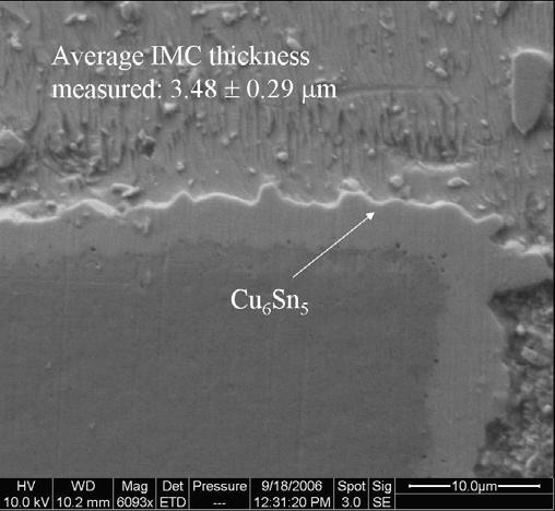 Figure 39: Sn3.0Ag0.5Cu solder joint on ImSn pad finish (aged at 125 C for 350 hrs) showing IMC thickness.