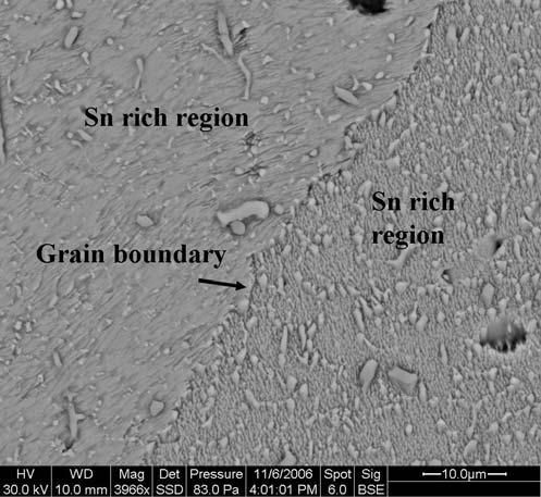Figure 45: SEM image showing grain colony boundary between tin grains 3 and 4 in Figure 43 The presences of intermetallics within the tin-silver-copper lead-free solder may also influence temperature