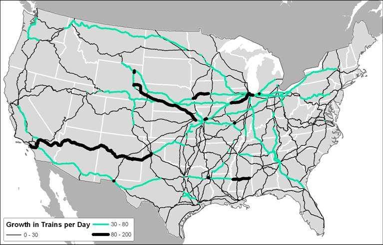 Forecasted Growth of Freight Trains Per Day 2035 Based on US DOT Freight Analysis Framework