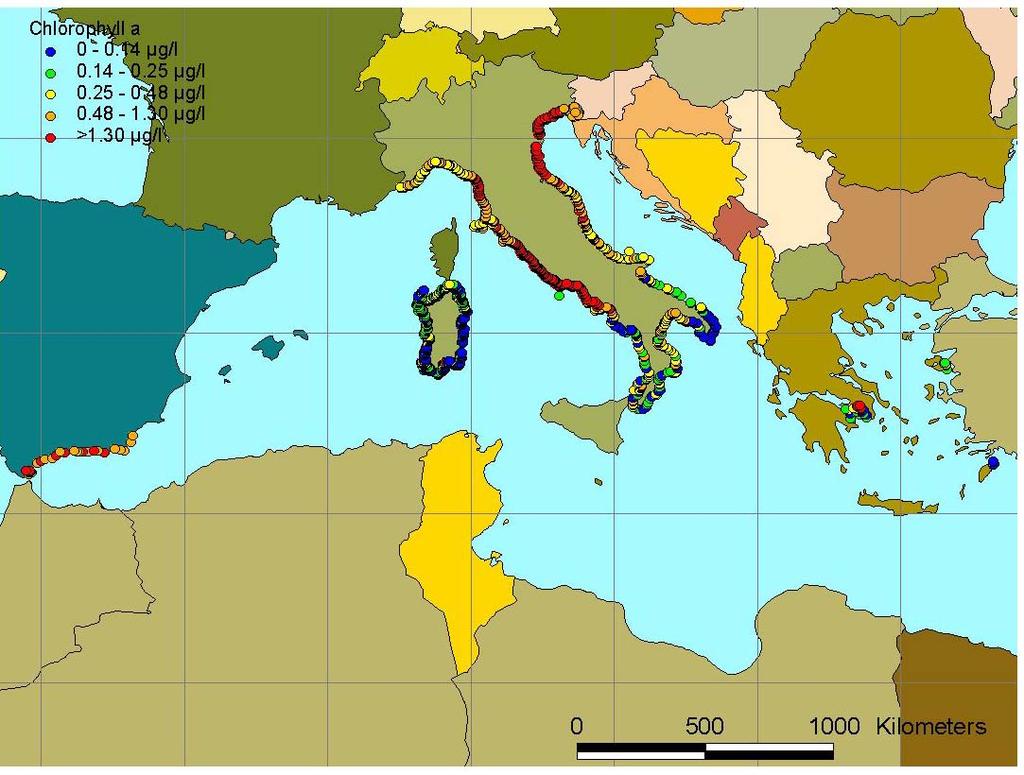 Figure 4: Mean summer surface concentrations of chlorophyll-a in the Mediterranean Sea (1995-2002, May -Sep, 0-10 m).