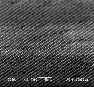 Fig. 6 Scanning electron micrograph of (a) the cross section and (b) the overview of a fused silica grating with the groove density of 610 lines/mm and the groove depth of 0.73µm.