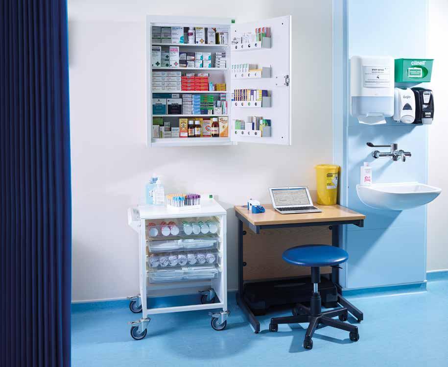 Drug Cabinet Independent FIRA tested Meets BS2881: 1989 (Security level one) Specification for cupboards for the storage of medicines in Health Care premises Easy clean design Cupboard open visual
