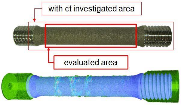 Fig. 8: above: plasticized hollow tensile specimen; below: fused CT (blue) and OT volume (green), color-coded OT indications In Fig. 9, a layer is shown with a Hotspot OT indication.