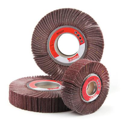 FLAP WHEELS ON FLANGES Description: The Aluminium Oxide abrasive flaps with X-Flex weight backing are radially arranged from the tool axis.