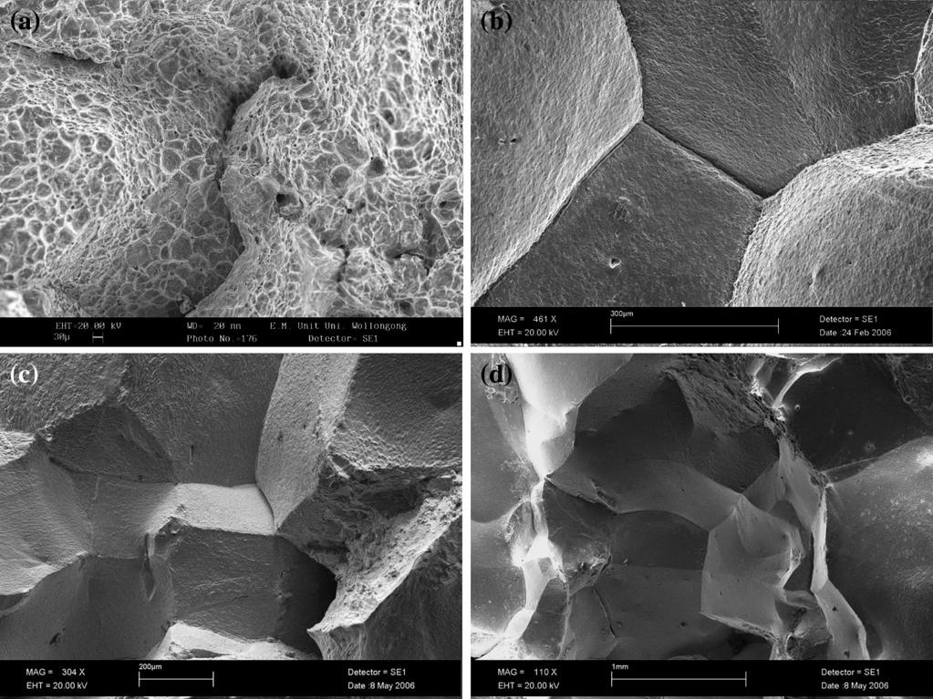 Fig. 5 SEM images of the fracture surface of (a) Steel C3, solution treated and tested at 1073 K (800 C), (b) Steel C2, solution treated and tested at 1173 K (900 C), (c) Steel C1, solution treated