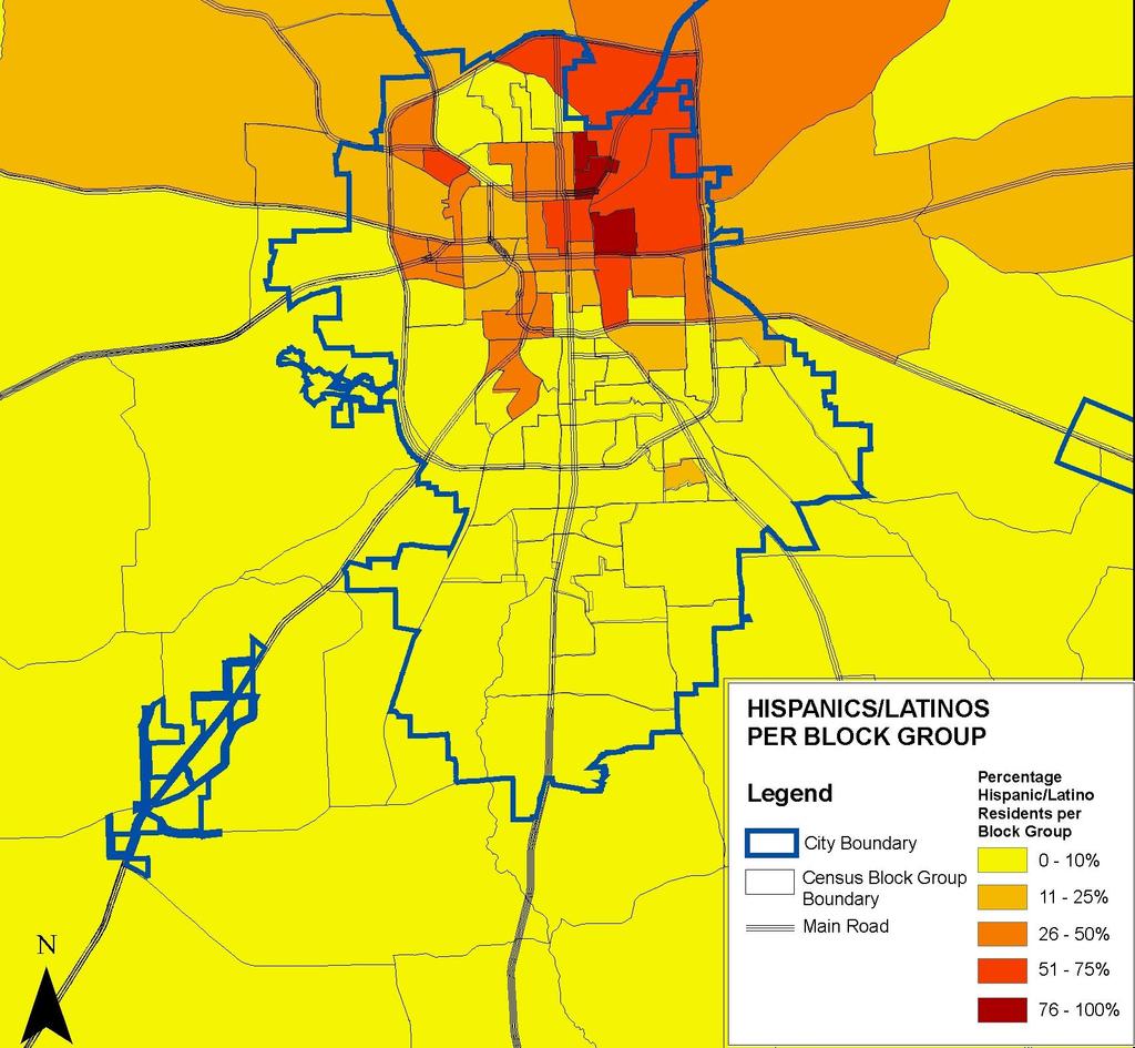 Concentrations of LEP persons within City of Tyler Most of Tyler s Hispanic population resides inside of Loop 323 in the city s older neighborhoods