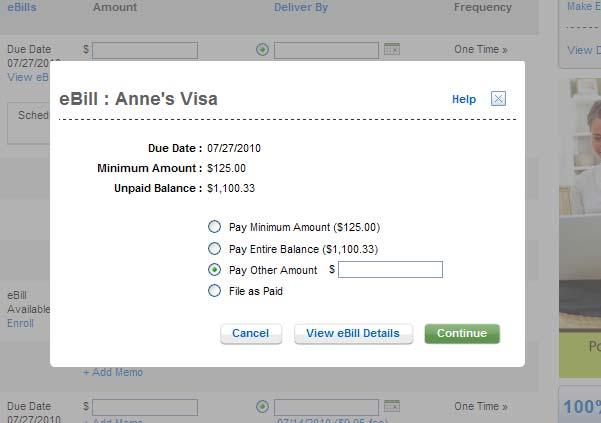 Paying Your Bill Using ebills When you click view ebill you will be presented with payment options: Pay minimum amount