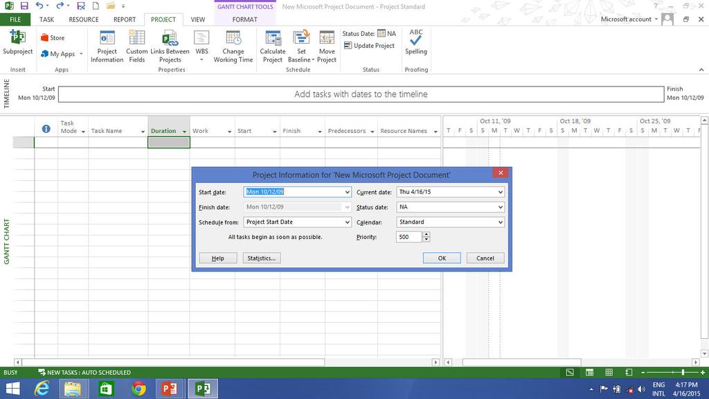 Setup - Project Information In the Gantt Chart view Click on