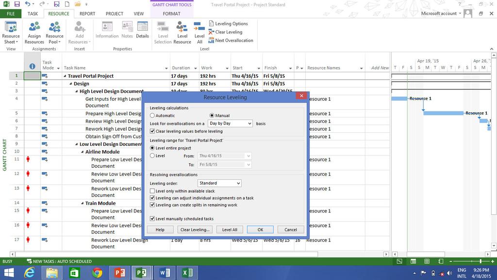 Resource Levelling In the Gantt Chart view Go to Resource Tab