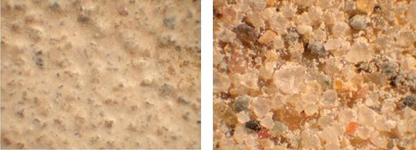 Figure 4 Mortar joint with cementitious paste intact (left), and mortar joint chemically etched in washing process (right).