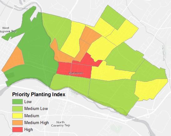 The Priority Planting Index, which factors in population density, Existing Tree Canopy, and per capita tree cover helps to identify areas where tree planting efforts can be targeted to address issues