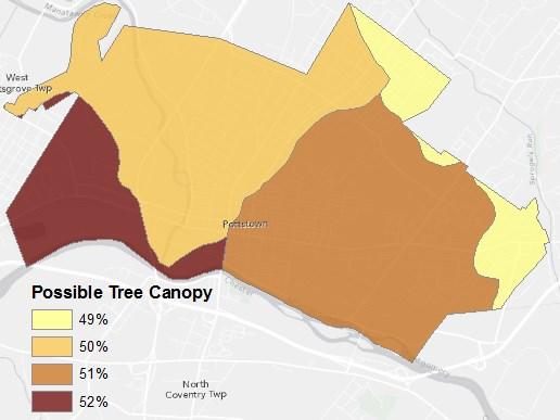 Figures 13 and 14 show the existing and possible tree canopy percentages for the extents of the four subwatersheds that fall within the Pottstown town boundary.