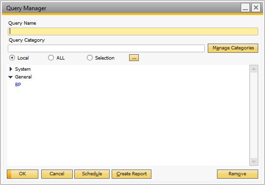 3. Select the query created in step 1, or a standard SAP Business One query from the System category. Note: To use the Remote Query Execution feature, you must save the system queries with a new name.