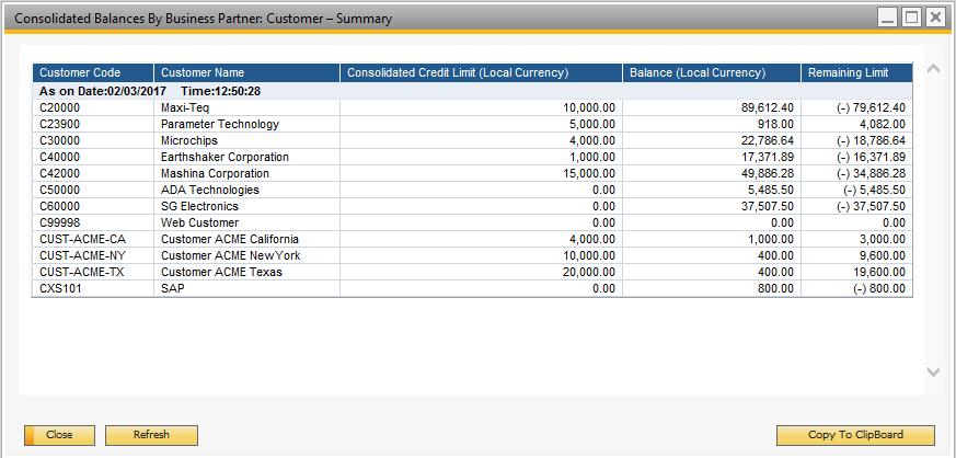 View: Select how the balances should be displayed. The summary view sums up balances for each business partner across all branch companies.