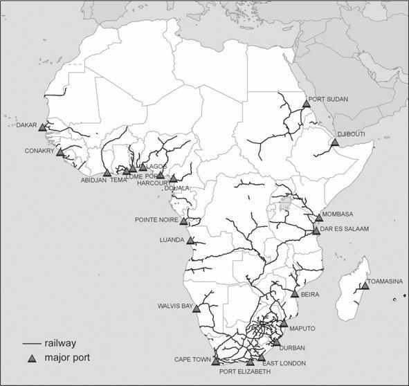 Railways in Sub-Saharan Africa (SSA) Railway lines in SSA Average rail transport volume in SSA from 2001-2005 in billion