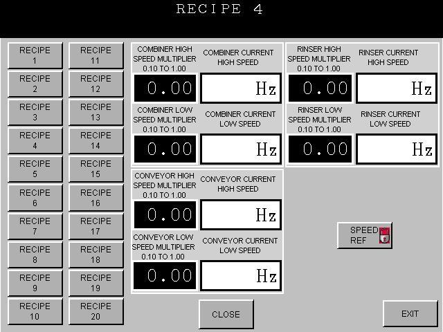 Figure #7 Line Setup (Recipe) Screen The speed reference must be set up first. Press the SPEED REF button located in the lower right portion of the screen.