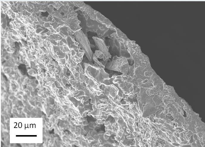Compartment 2. The SEM image in Figure 21 reveals the significant porosity of the sealant after testing. Figure 21: Cross-sectional view of porous Ceramabond 552 (Aremco) sealant after testing.