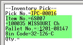 5. Once we have a pick assigned to the user, or select a pick that has not been assigned to any user, the user can then process the pick using the inventory pick screen on the handheld.