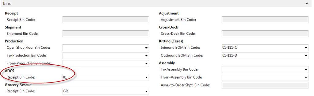 3. An ADCS Receipt Bin Code on the Bins FastTab of the Location Card can be defined. If specified, this Bin will be used as the receiving bin during the Donation Order building function.