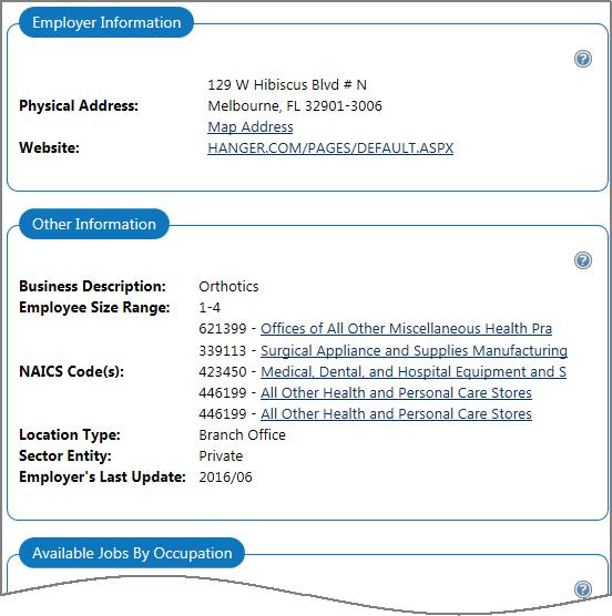 Click an employer name to display a details screen and view details about that specific employer (as shown below).