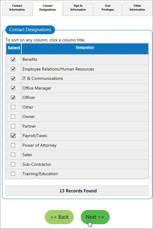 Contact Information Tab (Partial) Select the location(s) with which this contact is associated by checking all boxes that apply in the Associated Location(s) column.