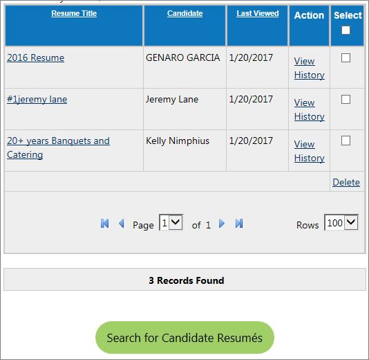 Search History Profile The Search History Profile contains the employer s search history, displayed on separate tabs.