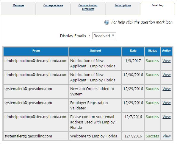 Email Log Screen Showing Emails Sent Human Resource Plan The Human Resource Plan contains: Job Order Plan The Job Order Plan contains the employer s job orders, job order templates, application