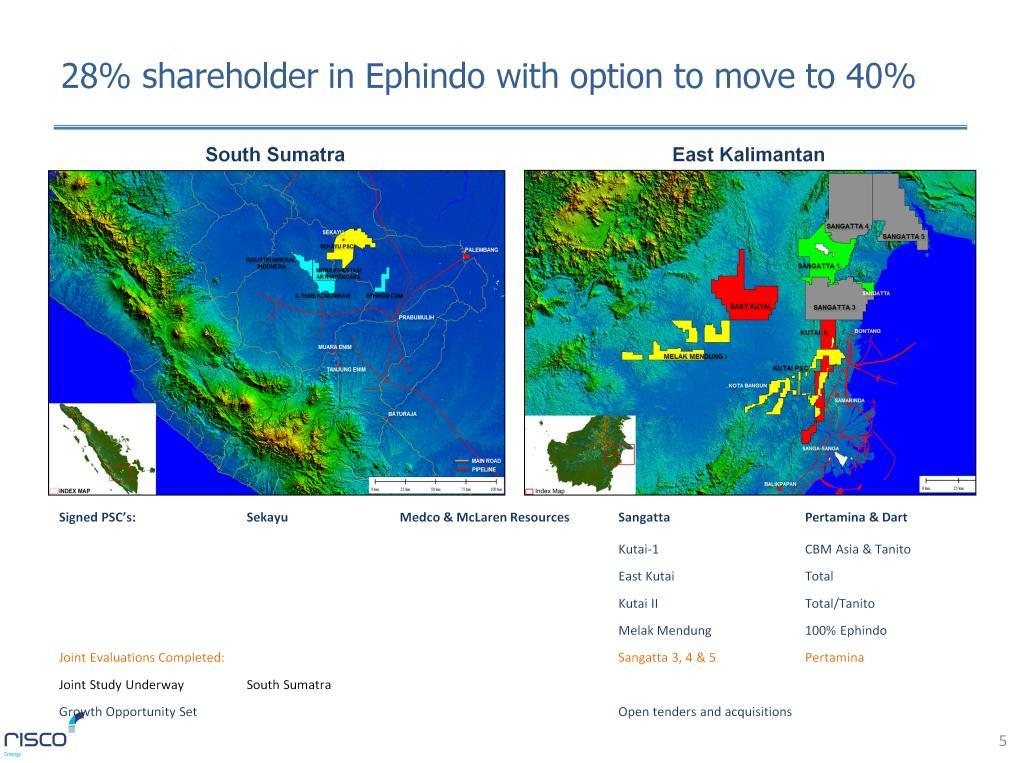 Risco s first investment, one month after it was founded was a 28% stake in Ephindo, Indonesia s first mover CBM company.