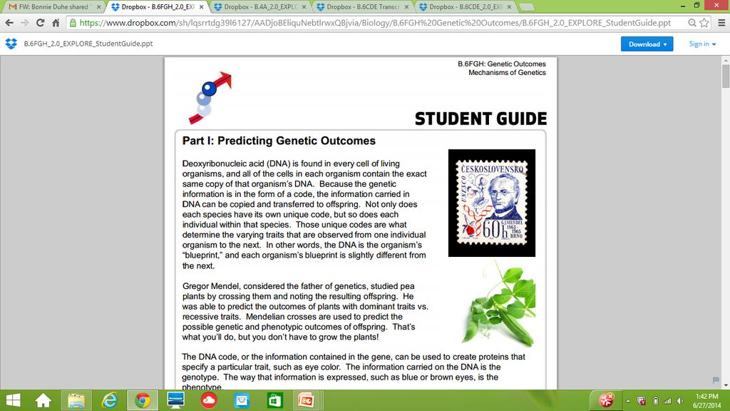Part I: Predicting Genetic Outcomes Deoxyribonucleic acid (DNA) is found in every cell of living organisms, and all of the cells in each organism contain the exact same copy of that organism s DNA.