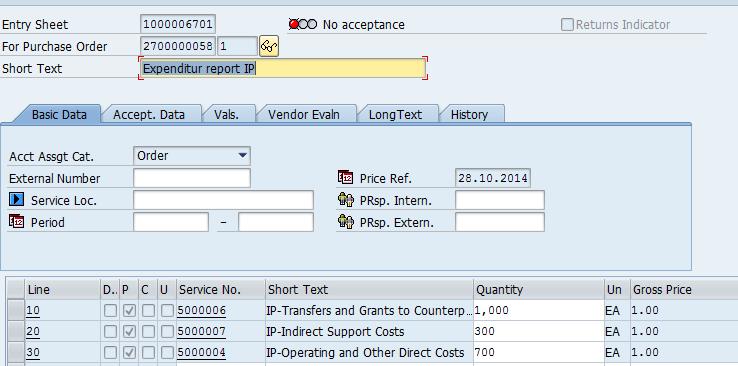 Create Service Entry Sheet Upon receipt of the report from the implementing partner, the user records the actual expenses incurred using the service entry sheet function in