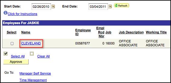 The date range for finding an employee's submitted time will default to the current pay period.