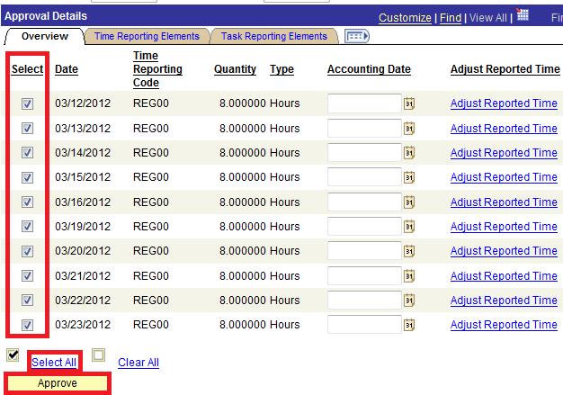 If anything appears to be incorrect, click on the Adjust Reported Time link to be taken to the employee's timesheet.