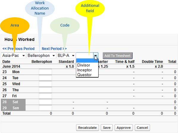 Timesheets Setting up Fairsail Time Extending the Work Allocation Hierarchy By default, Work Allocation has three levels of hierarchy: Area Work Allocation Name Code You can rename the Area and Code