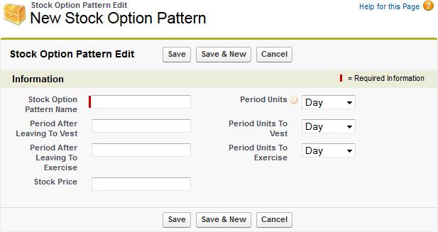 Creating a New Stock Option Pattern A Stock Option Pattern defines the parameters for one or more stock options and includes the vesting schedule defined with one or more Stock Option Periods. 1.