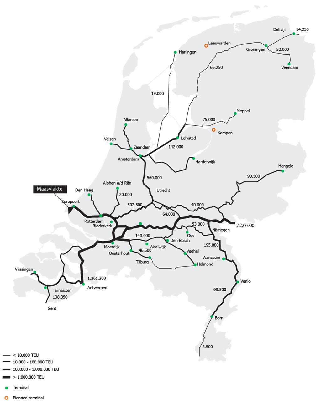 70 Container transport on Dutch inland waterways Figure A-1: Container trade flow on Dutch inland waterways 2014 for both road and water transport, the change on the inland waterways by this