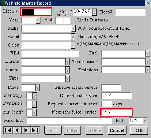 3.3 Vehicle Master Record When you single-left-click the OK button to leave the Customer Master Record, you will automatically proceed to the Vehicle Master Record screen.