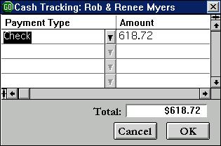 Next, a cash tracking screen appears. This screen verifies the choice you made for payment type and the total dollar amount to be paid. Single-left-click the OK button if the amount is correct.