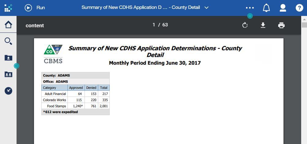 Click the Summary of New CDHS Application Determinants County Detail report: The report opens in the