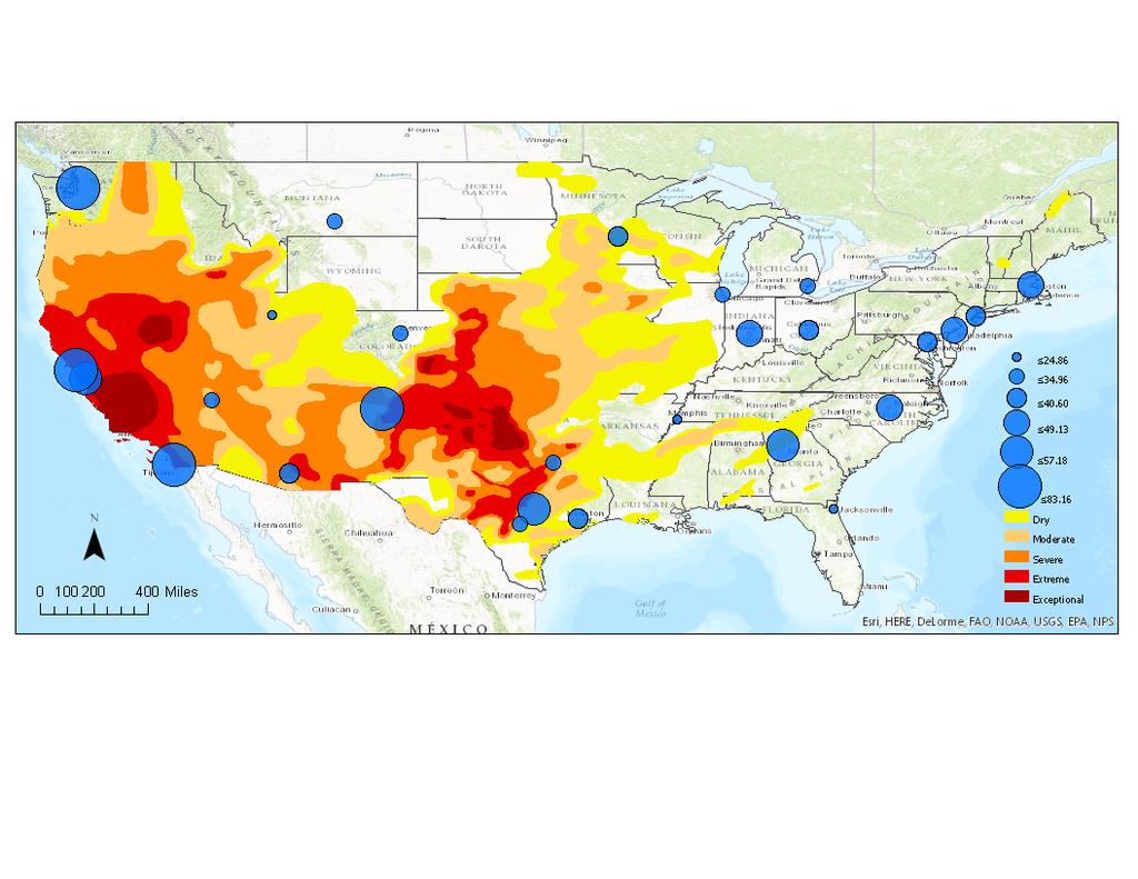 Drought intensity, however, does appear to have a correlation with water cost. As shown in Figure 7, areas of extreme drought are shown in red and tend to correspond to higher water costs.