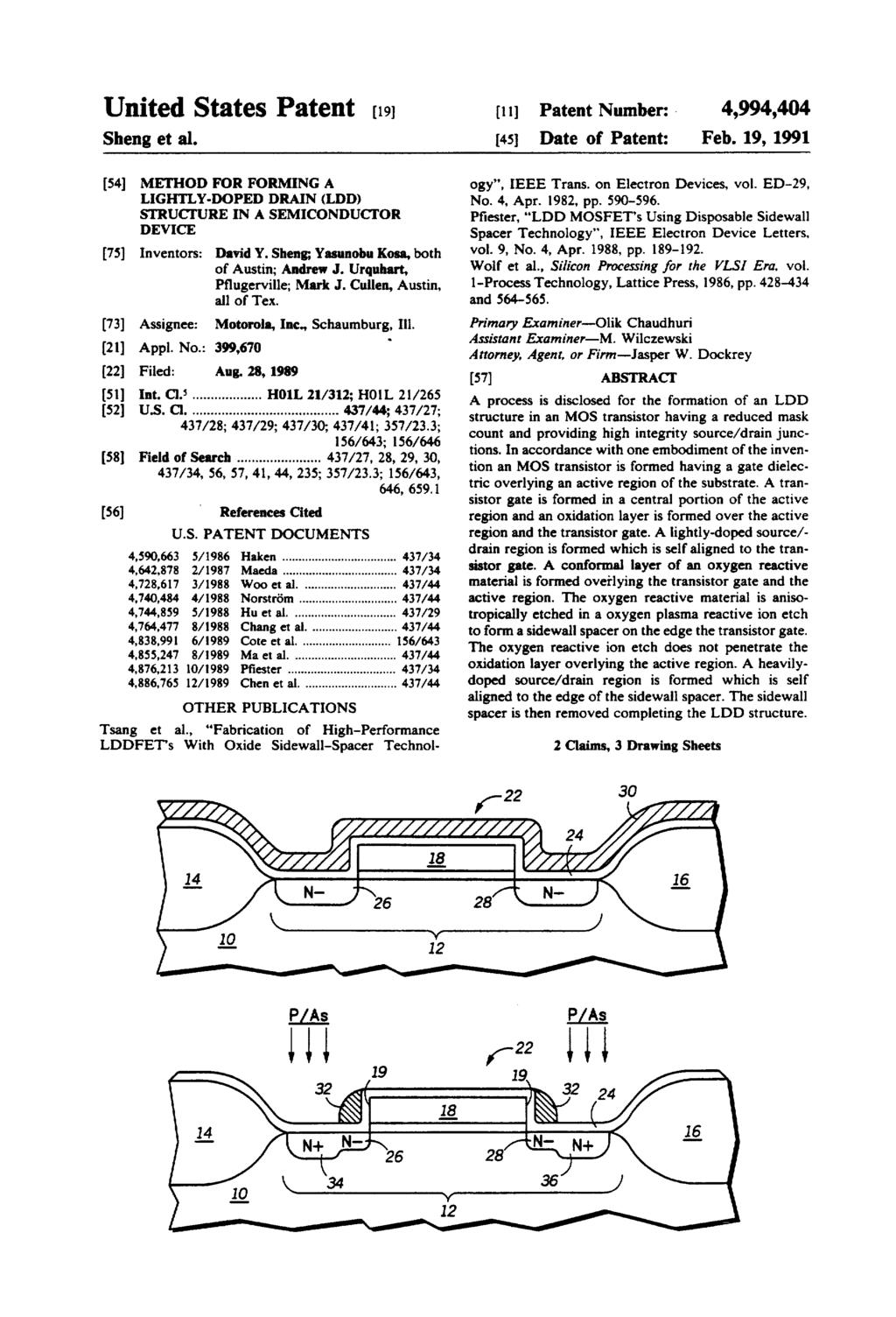 United States Patent (19) Sheng et al. 11 Patent Number:. 45 Date of Patent: 4,994,404 Feb.